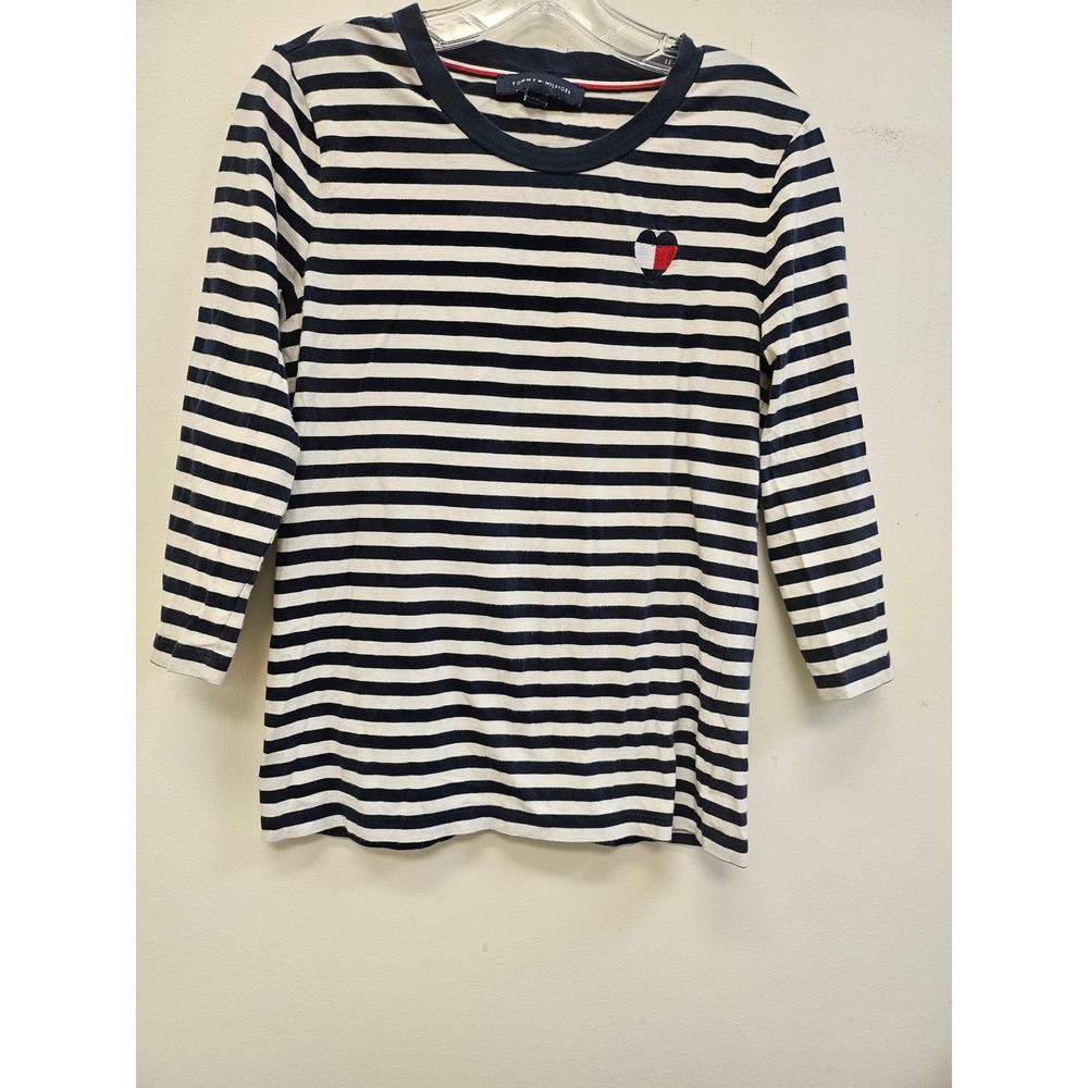 Tommy Hilfiger Navy Blue White Striped Heart Logo 3/4 Sleeve Top Small